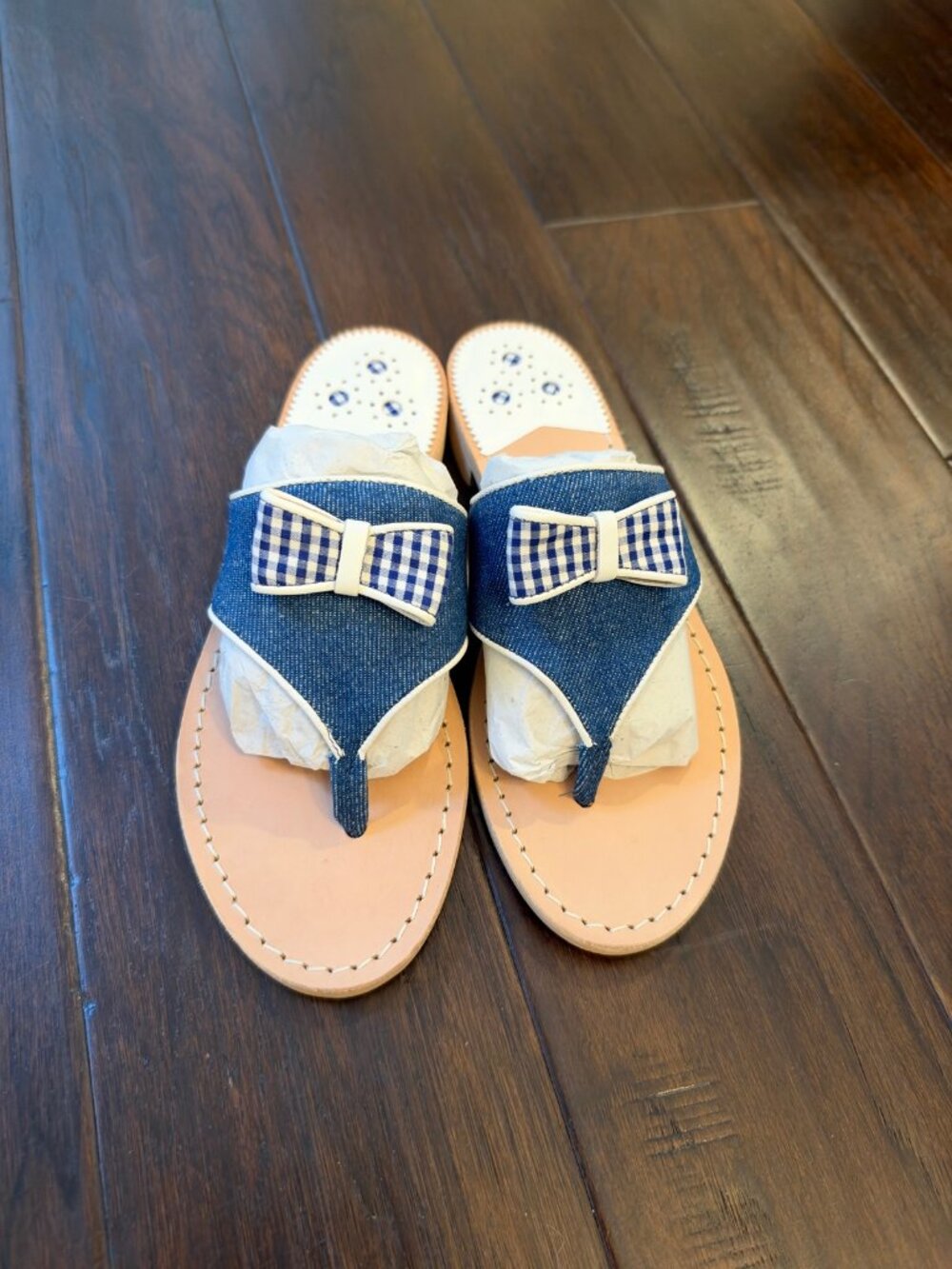 Jack Rogers Giselle Bow Sandal — Denim with Gingham Bow, Size 8 — New in Box